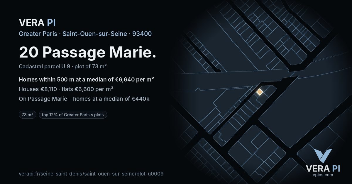 20 Passage Marie, Saint-Ouen-sur-Seine at night – the plot lit, the parcels around coloured by the prices near them