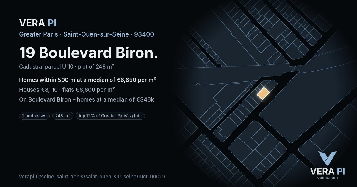 19 Boulevard Biron, Saint-Ouen-sur-Seine at night – the plot lit, the parcels around coloured by the prices near them