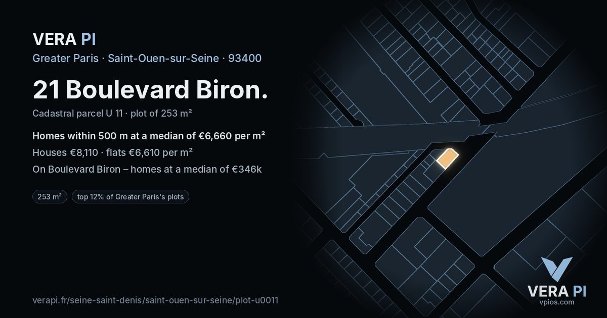 21 Boulevard Biron, Saint-Ouen-sur-Seine at night – the plot lit, the parcels around coloured by the prices near them