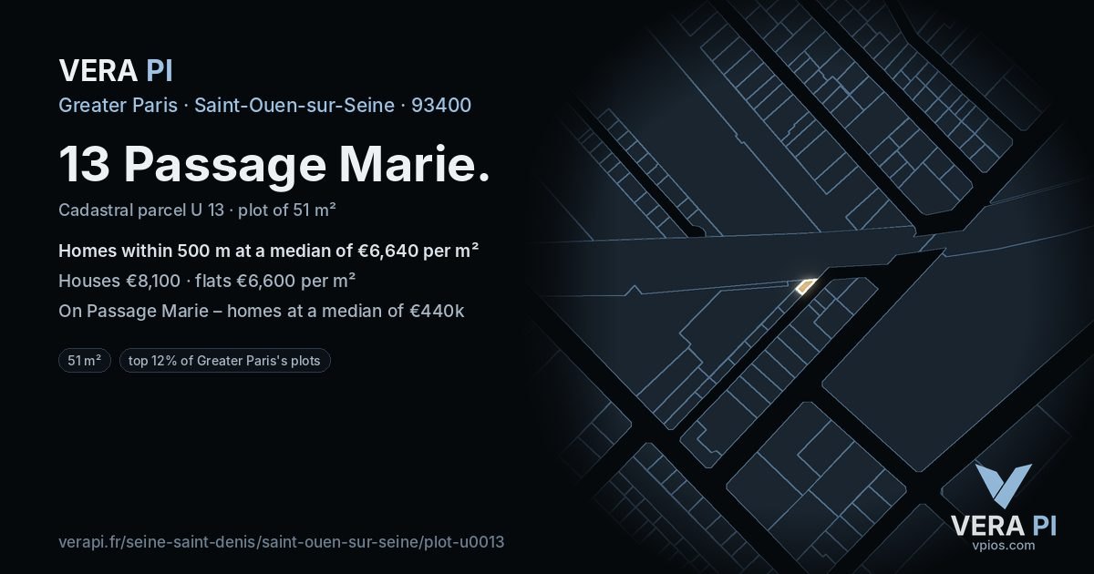 13 Passage Marie, Saint-Ouen-sur-Seine at night – the plot lit, the parcels around coloured by the prices near them