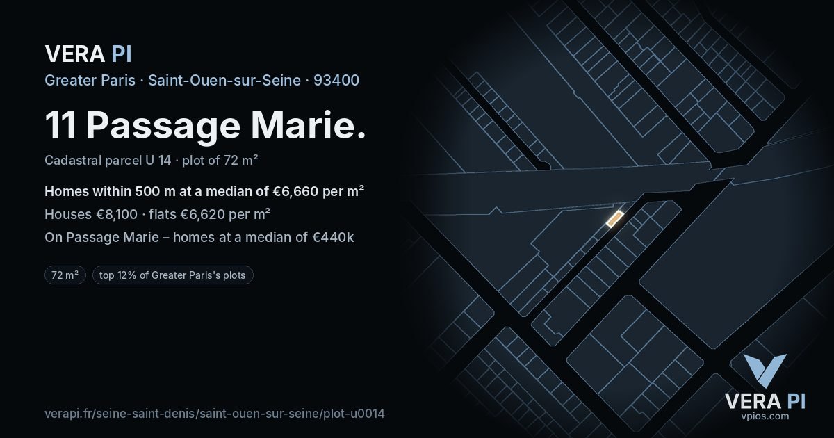 11 Passage Marie, Saint-Ouen-sur-Seine at night – the plot lit, the parcels around coloured by the prices near them