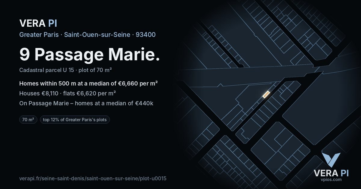 9 Passage Marie, Saint-Ouen-sur-Seine at night – the plot lit, the parcels around coloured by the prices near them