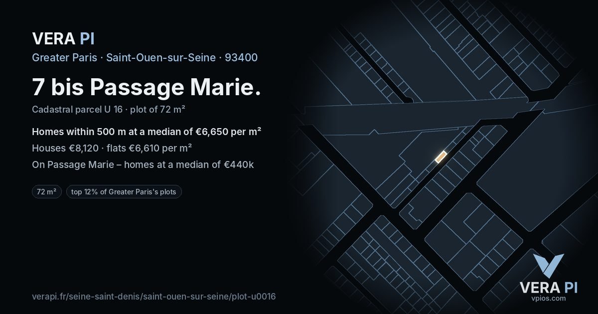 7 bis Passage Marie, Saint-Ouen-sur-Seine at night – the plot lit, the parcels around coloured by the prices near them