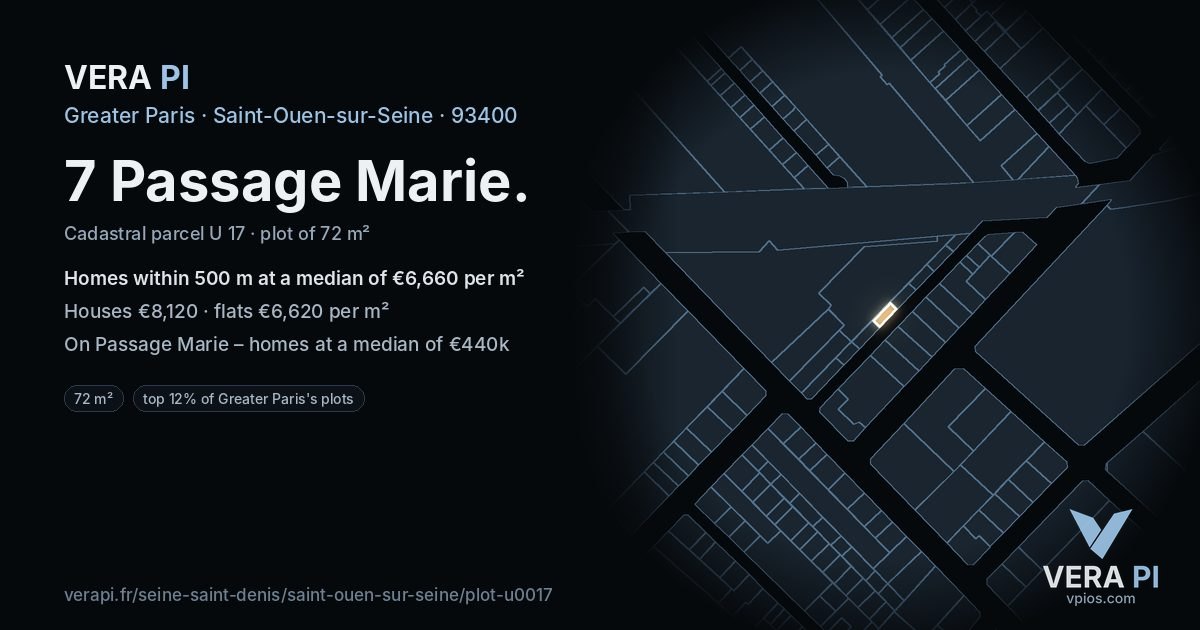 7 Passage Marie, Saint-Ouen-sur-Seine at night – the plot lit, the parcels around coloured by the prices near them