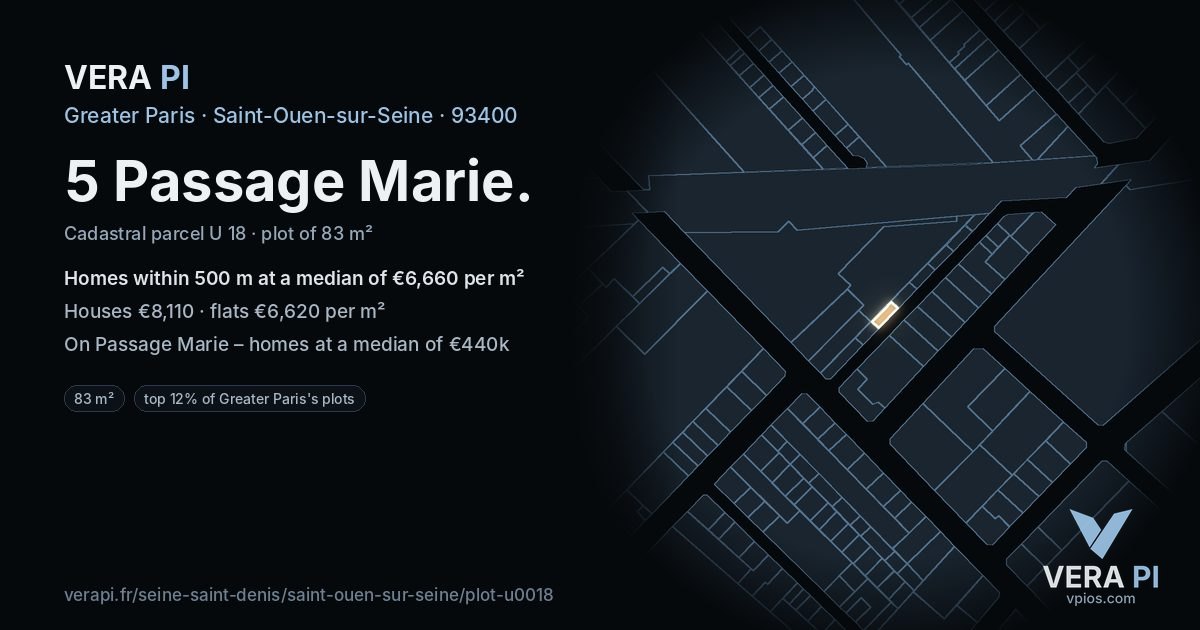5 Passage Marie, Saint-Ouen-sur-Seine at night – the plot lit, the parcels around coloured by the prices near them