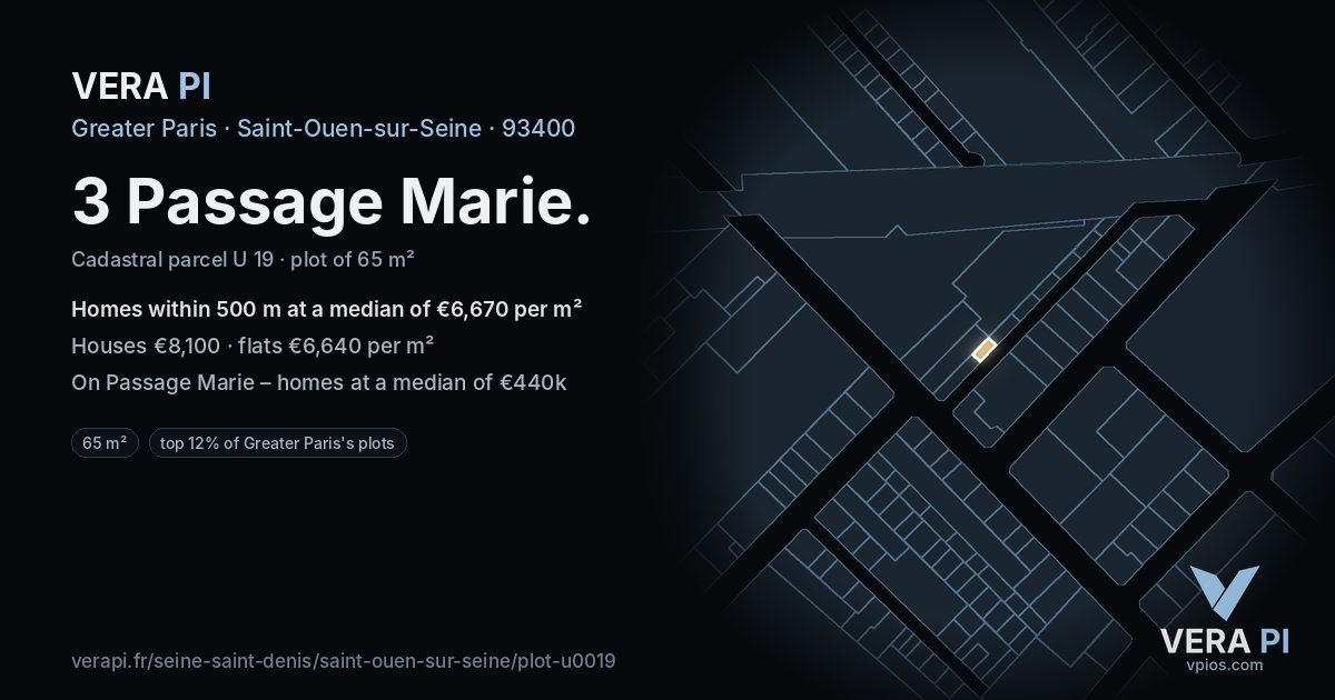 3 Passage Marie, Saint-Ouen-sur-Seine at night – the plot lit, the parcels around coloured by the prices near them