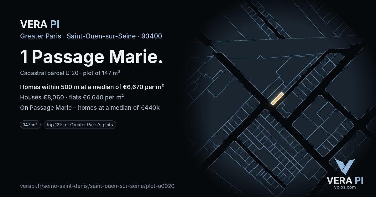 1 Passage Marie, Saint-Ouen-sur-Seine at night – the plot lit, the parcels around coloured by the prices near them