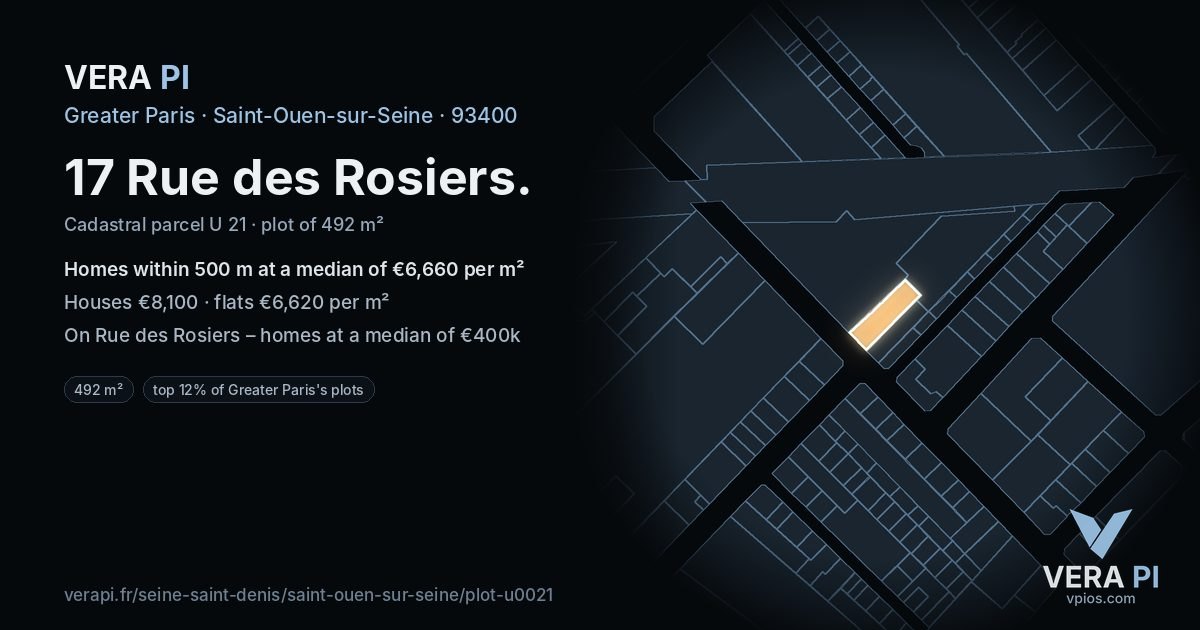 17 Rue des Rosiers, Saint-Ouen-sur-Seine at night – the plot lit, the parcels around coloured by the prices near them