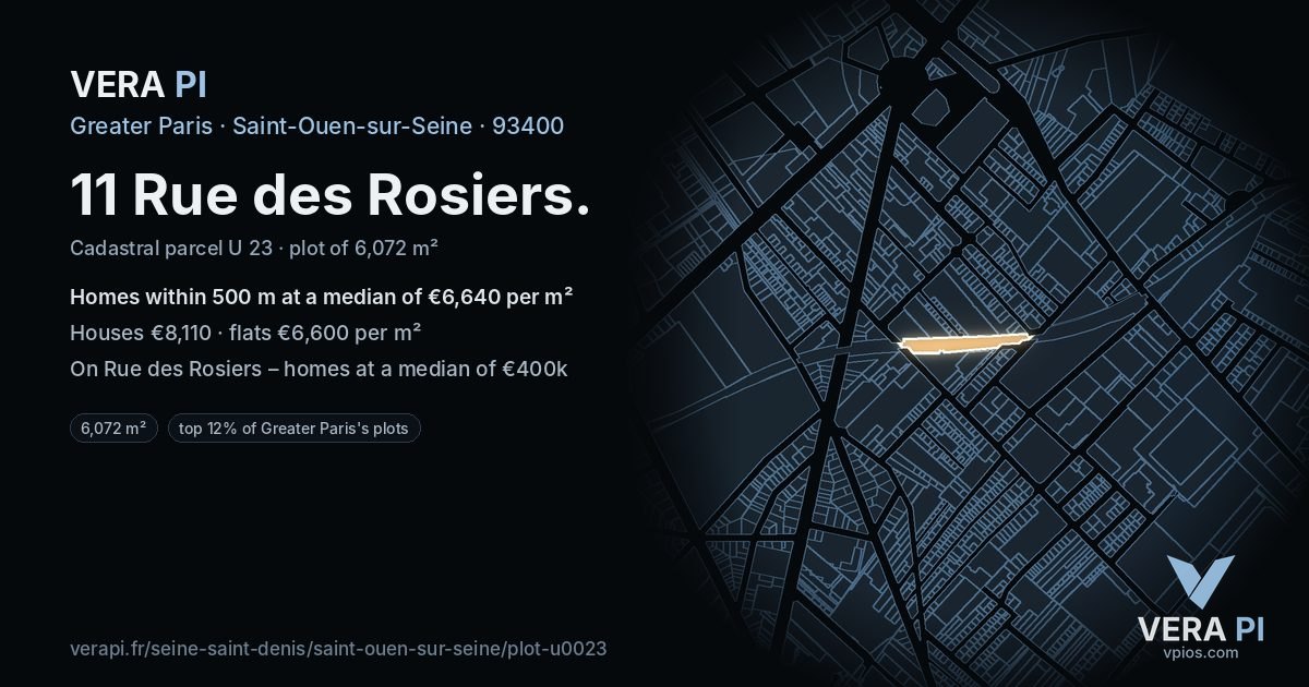 11 Rue des Rosiers, Saint-Ouen-sur-Seine at night – the plot lit, the parcels around coloured by the prices near them