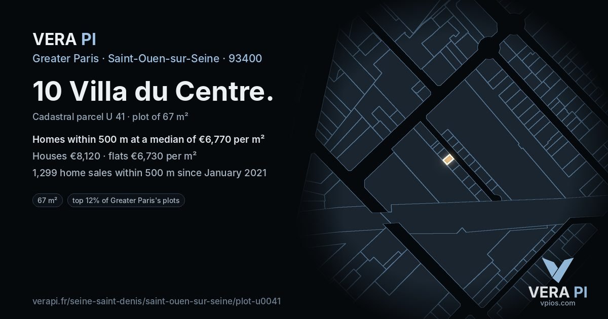 10 Villa du Centre, Saint-Ouen-sur-Seine at night – the plot lit, the parcels around coloured by the prices near them