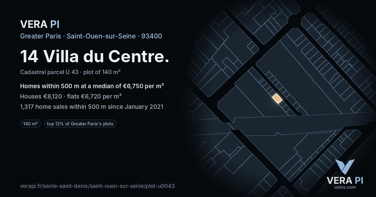 14 Villa du Centre, Saint-Ouen-sur-Seine at night – the plot lit, the parcels around coloured by the prices near them