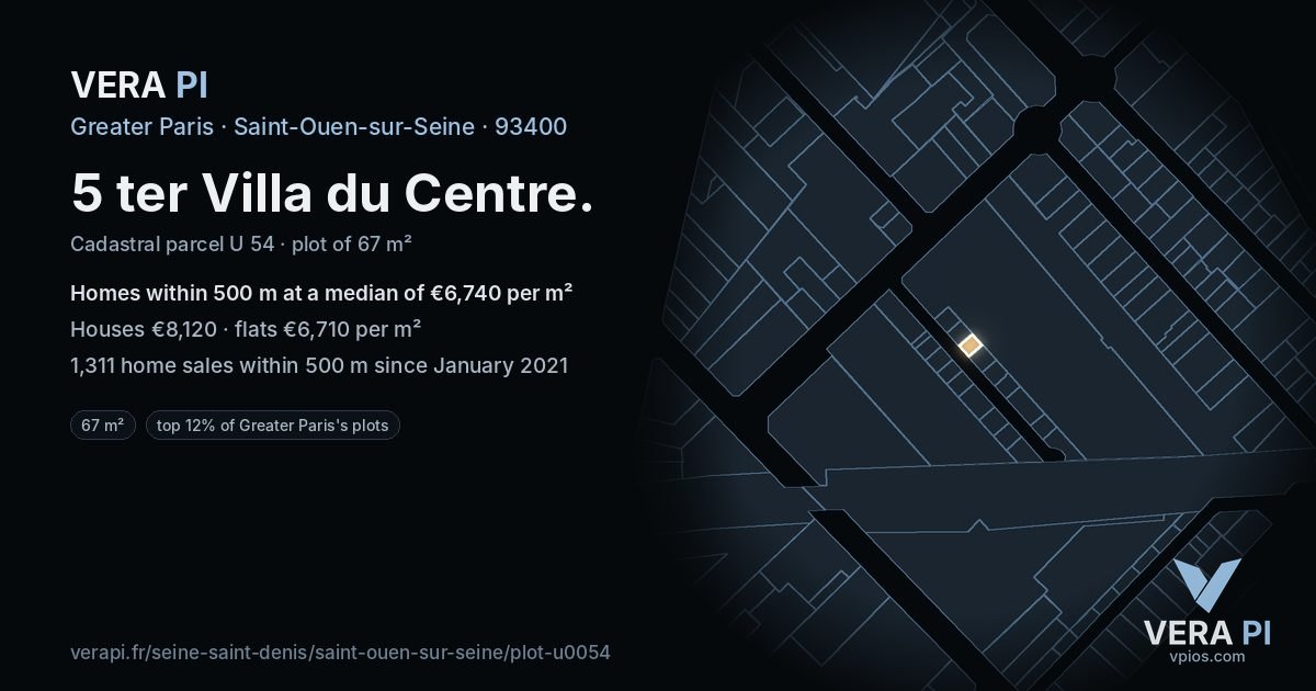 5 ter Villa du Centre, Saint-Ouen-sur-Seine at night – the plot lit, the parcels around coloured by the prices near them