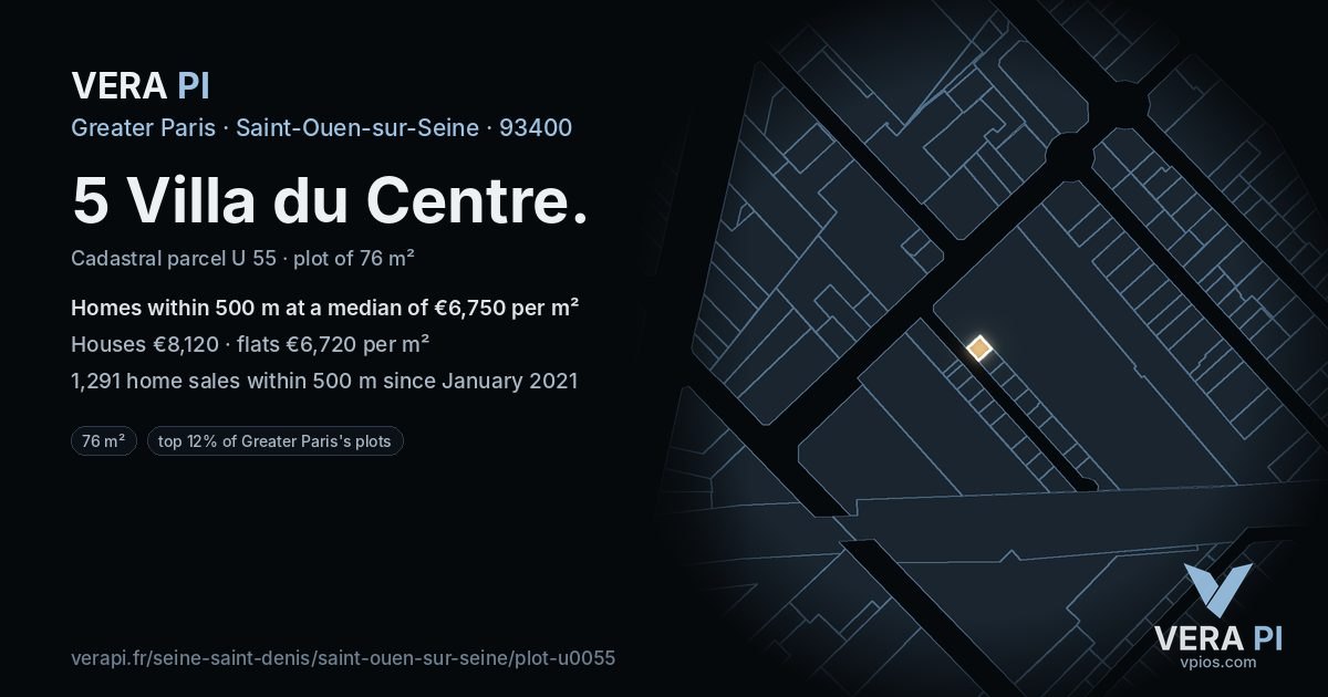 5 Villa du Centre, Saint-Ouen-sur-Seine at night – the plot lit, the parcels around coloured by the prices near them