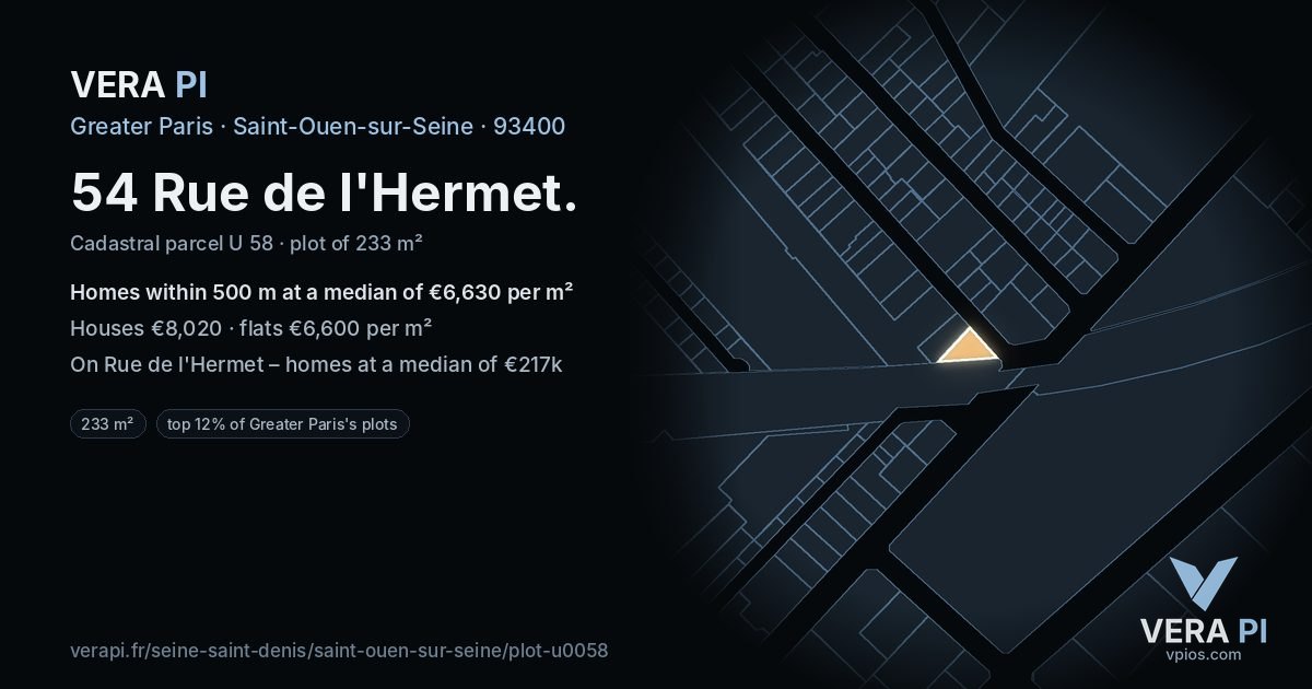 54 Rue de l'Hermet, Saint-Ouen-sur-Seine at night – the plot lit, the parcels around coloured by the prices near them