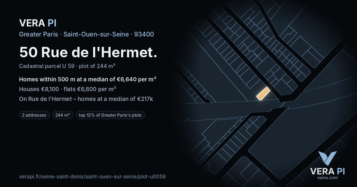 50 Rue de l'Hermet, Saint-Ouen-sur-Seine at night – the plot lit, the parcels around coloured by the prices near them