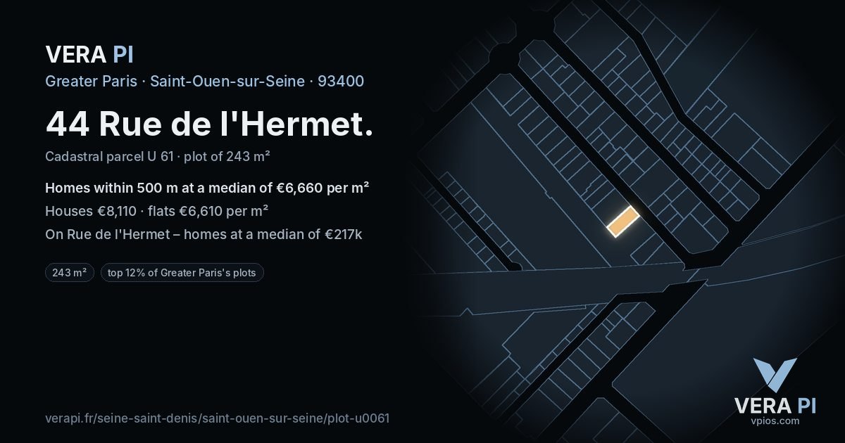 44 Rue de l'Hermet, Saint-Ouen-sur-Seine at night – the plot lit, the parcels around coloured by the prices near them