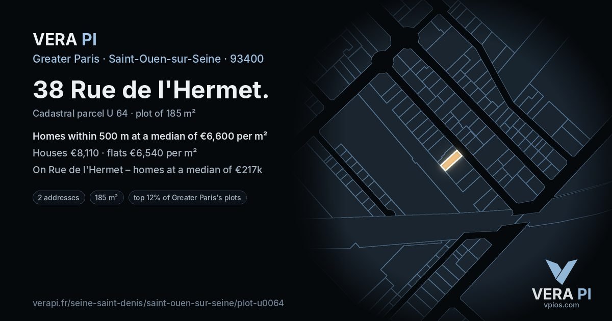 38 Rue de l'Hermet, Saint-Ouen-sur-Seine at night – the plot lit, the parcels around coloured by the prices near them
