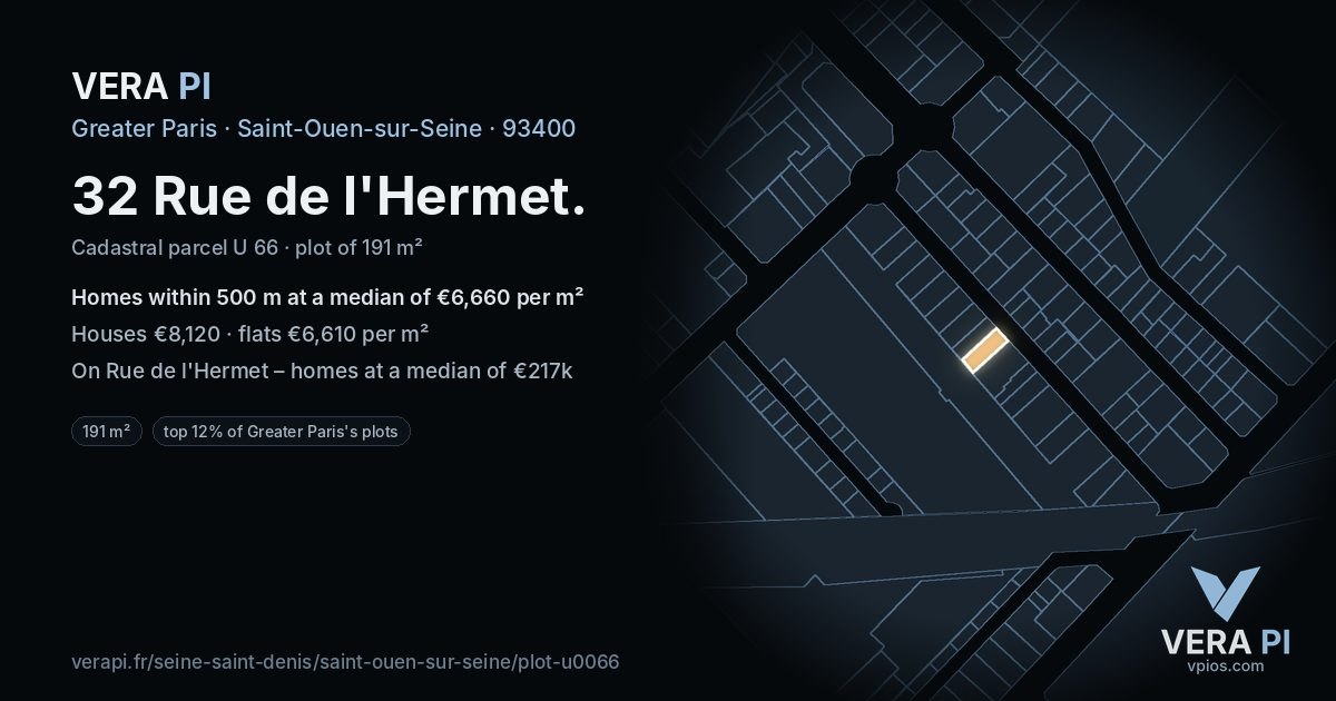 32 Rue de l'Hermet, Saint-Ouen-sur-Seine at night – the plot lit, the parcels around coloured by the prices near them