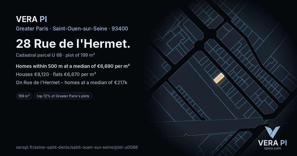 28 Rue de l'Hermet, Saint-Ouen-sur-Seine at night – the plot lit, the parcels around coloured by the prices near them