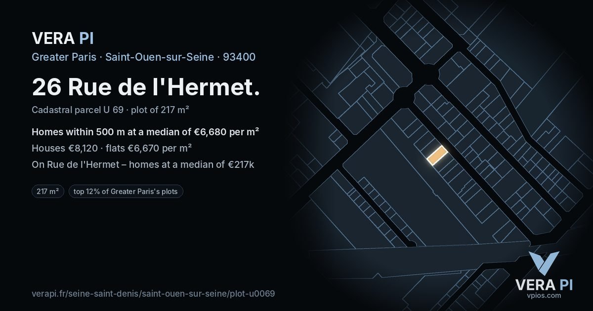 26 Rue de l'Hermet, Saint-Ouen-sur-Seine at night – the plot lit, the parcels around coloured by the prices near them