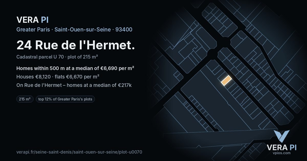 24 Rue de l'Hermet, Saint-Ouen-sur-Seine at night – the plot lit, the parcels around coloured by the prices near them