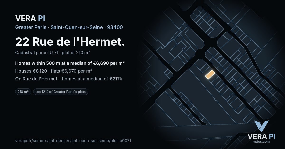 22 Rue de l'Hermet, Saint-Ouen-sur-Seine at night – the plot lit, the parcels around coloured by the prices near them