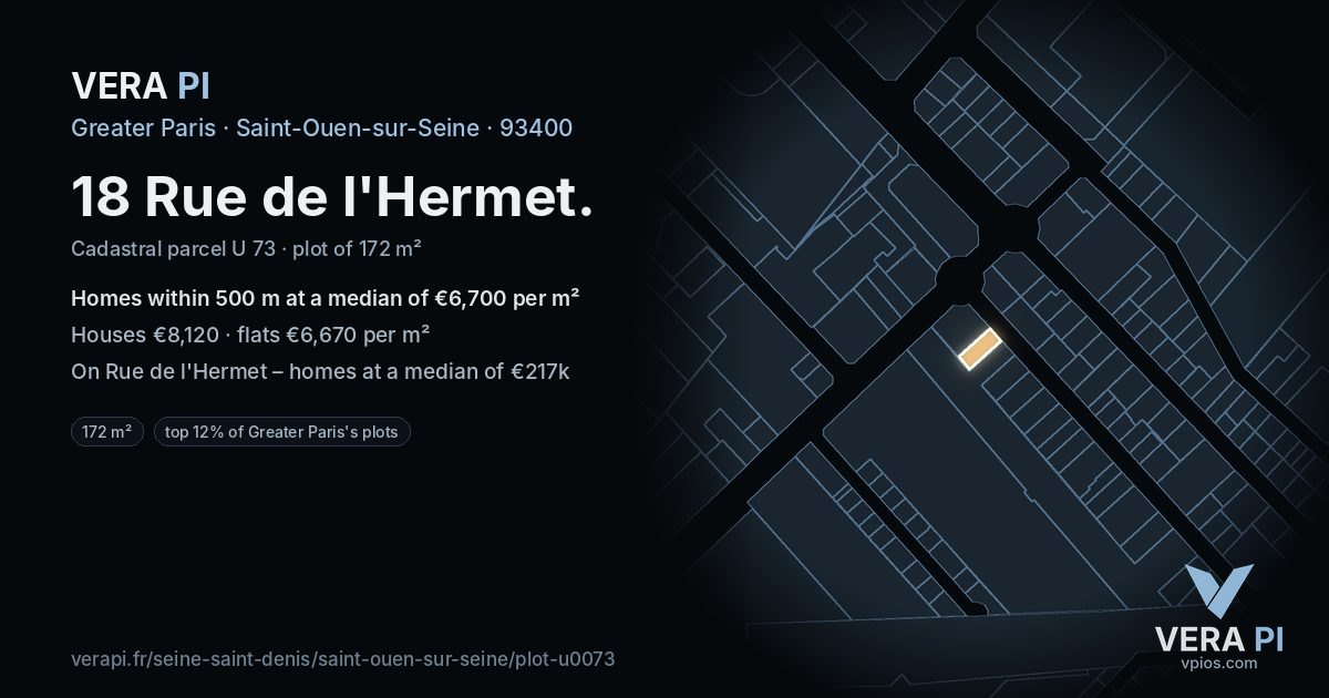 18 Rue de l'Hermet, Saint-Ouen-sur-Seine at night – the plot lit, the parcels around coloured by the prices near them