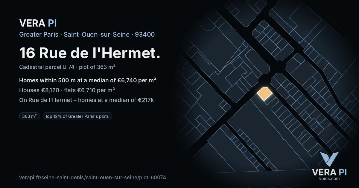 16 Rue de l'Hermet, Saint-Ouen-sur-Seine at night – the plot lit, the parcels around coloured by the prices near them
