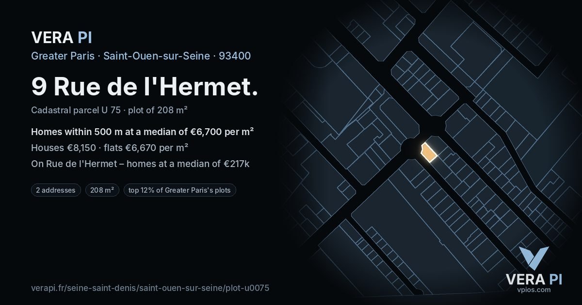 9 Rue de l'Hermet, Saint-Ouen-sur-Seine at night – the plot lit, the parcels around coloured by the prices near them