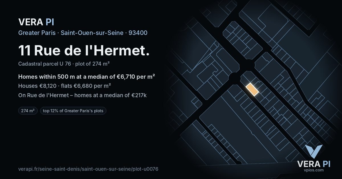 11 Rue de l'Hermet, Saint-Ouen-sur-Seine at night – the plot lit, the parcels around coloured by the prices near them