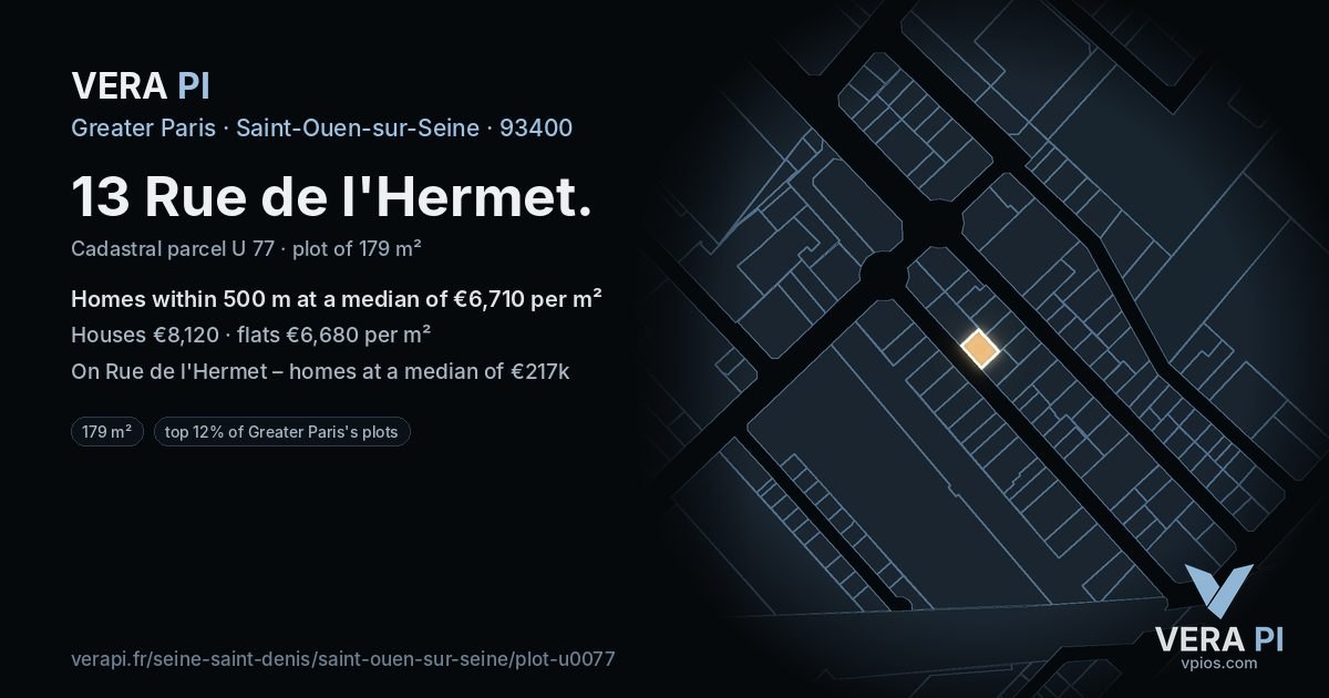 13 Rue de l'Hermet, Saint-Ouen-sur-Seine at night – the plot lit, the parcels around coloured by the prices near them