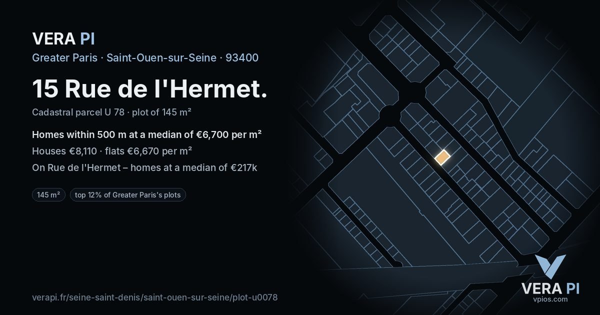 15 Rue de l'Hermet, Saint-Ouen-sur-Seine at night – the plot lit, the parcels around coloured by the prices near them