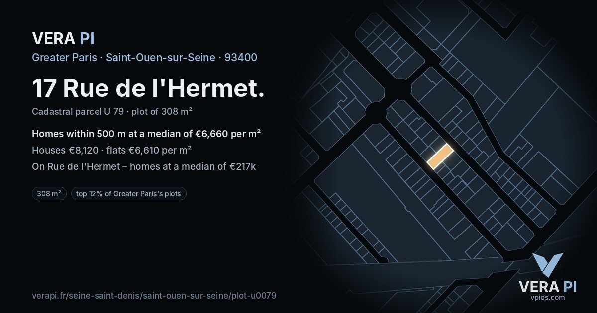 17 Rue de l'Hermet, Saint-Ouen-sur-Seine at night – the plot lit, the parcels around coloured by the prices near them