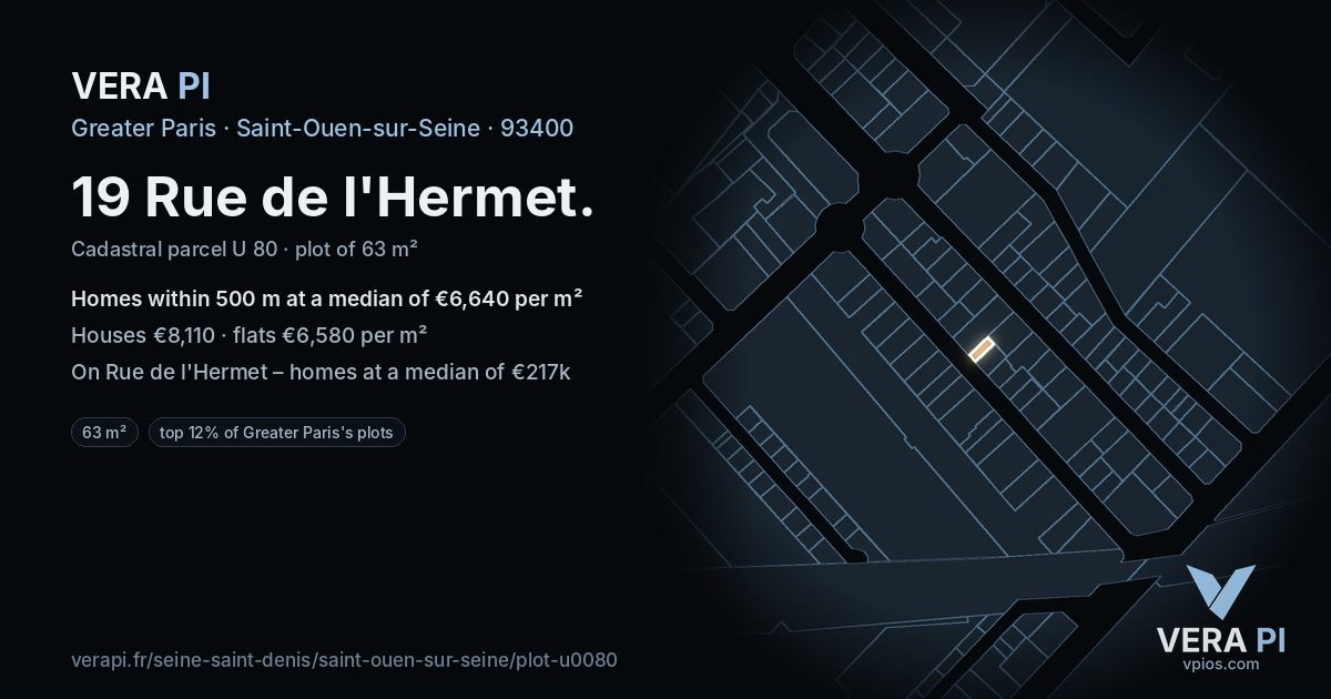19 Rue de l'Hermet, Saint-Ouen-sur-Seine at night – the plot lit, the parcels around coloured by the prices near them