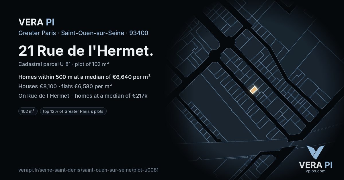 21 Rue de l'Hermet, Saint-Ouen-sur-Seine at night – the plot lit, the parcels around coloured by the prices near them