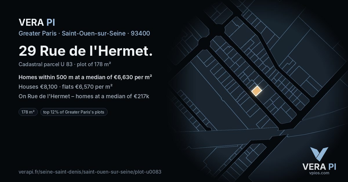 29 Rue de l'Hermet, Saint-Ouen-sur-Seine at night – the plot lit, the parcels around coloured by the prices near them
