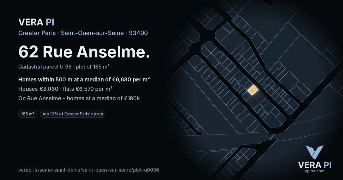 62 Rue Anselme, Saint-Ouen-sur-Seine at night – the plot lit, the parcels around coloured by the prices near them