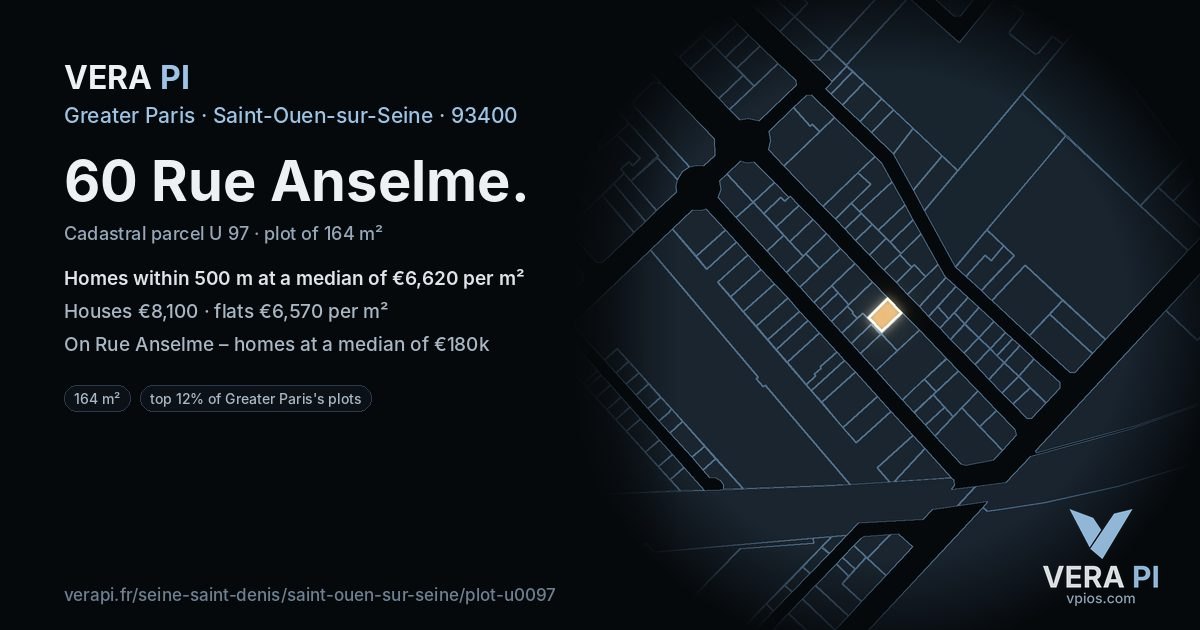 60 Rue Anselme, Saint-Ouen-sur-Seine at night – the plot lit, the parcels around coloured by the prices near them
