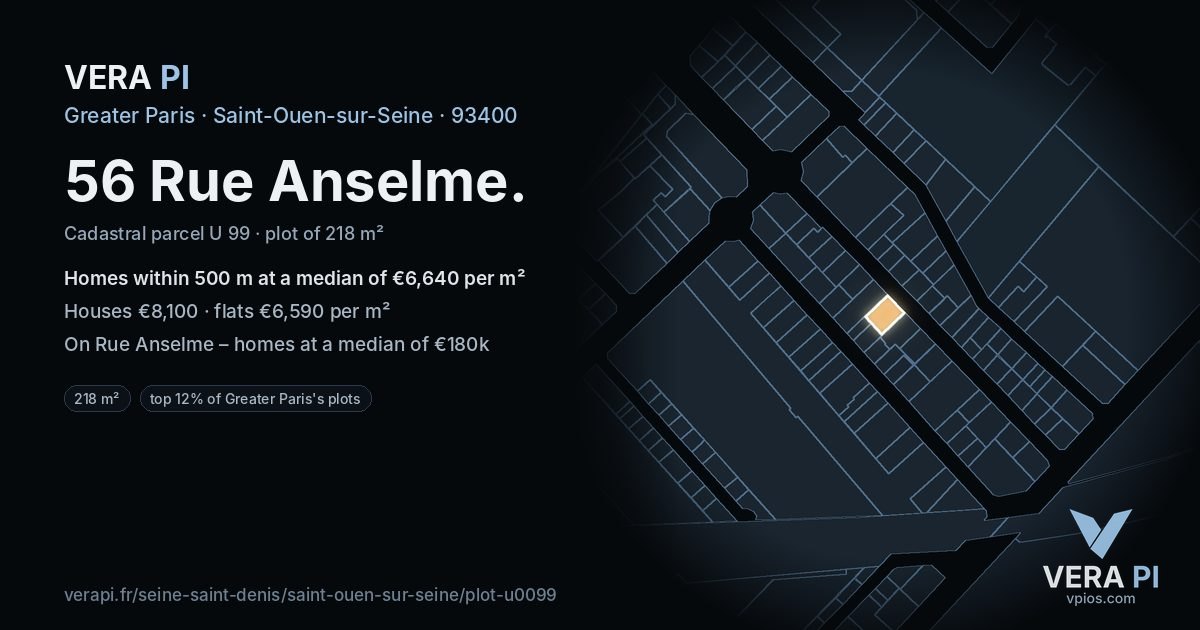 56 Rue Anselme, Saint-Ouen-sur-Seine at night – the plot lit, the parcels around coloured by the prices near them