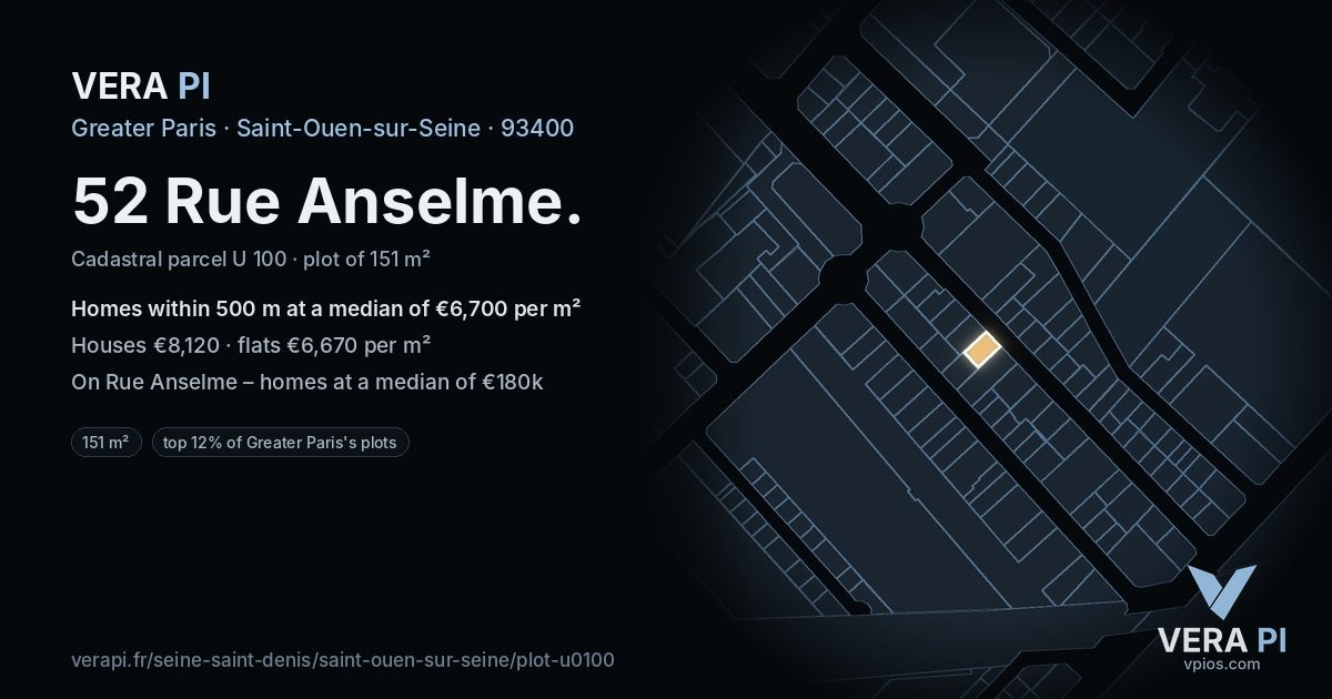 52 Rue Anselme, Saint-Ouen-sur-Seine at night – the plot lit, the parcels around coloured by the prices near them