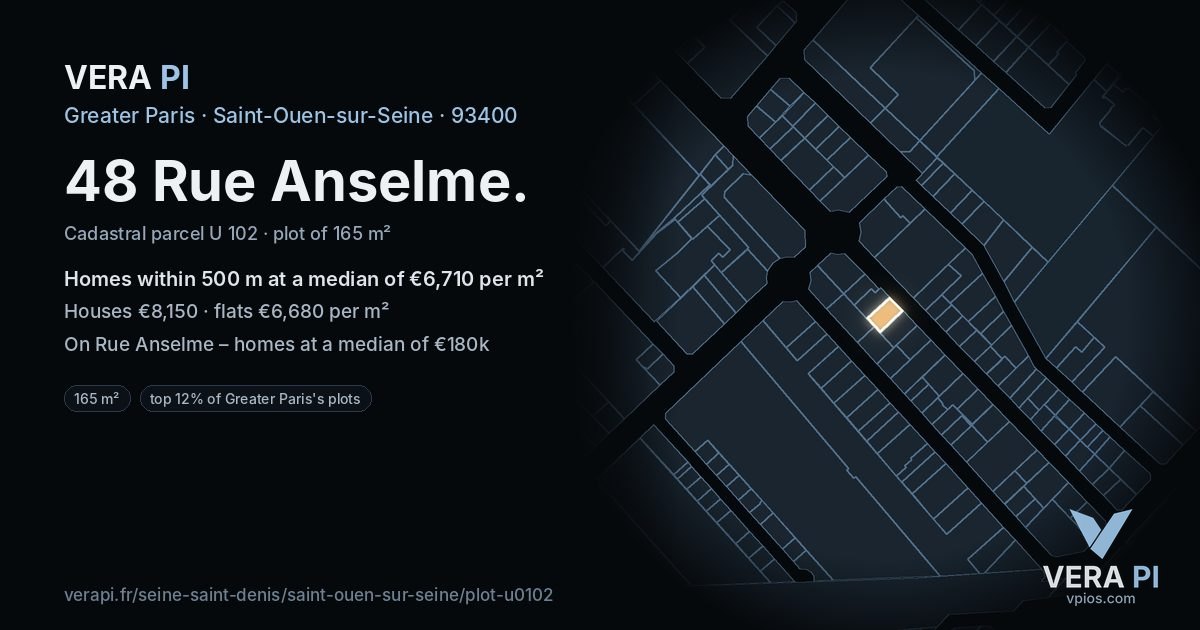 48 Rue Anselme, Saint-Ouen-sur-Seine at night – the plot lit, the parcels around coloured by the prices near them