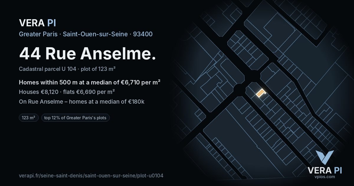 44 Rue Anselme, Saint-Ouen-sur-Seine at night – the plot lit, the parcels around coloured by the prices near them
