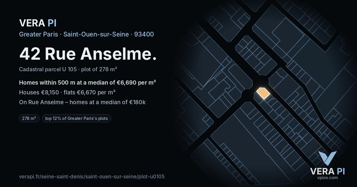 42 Rue Anselme, Saint-Ouen-sur-Seine at night – the plot lit, the parcels around coloured by the prices near them
