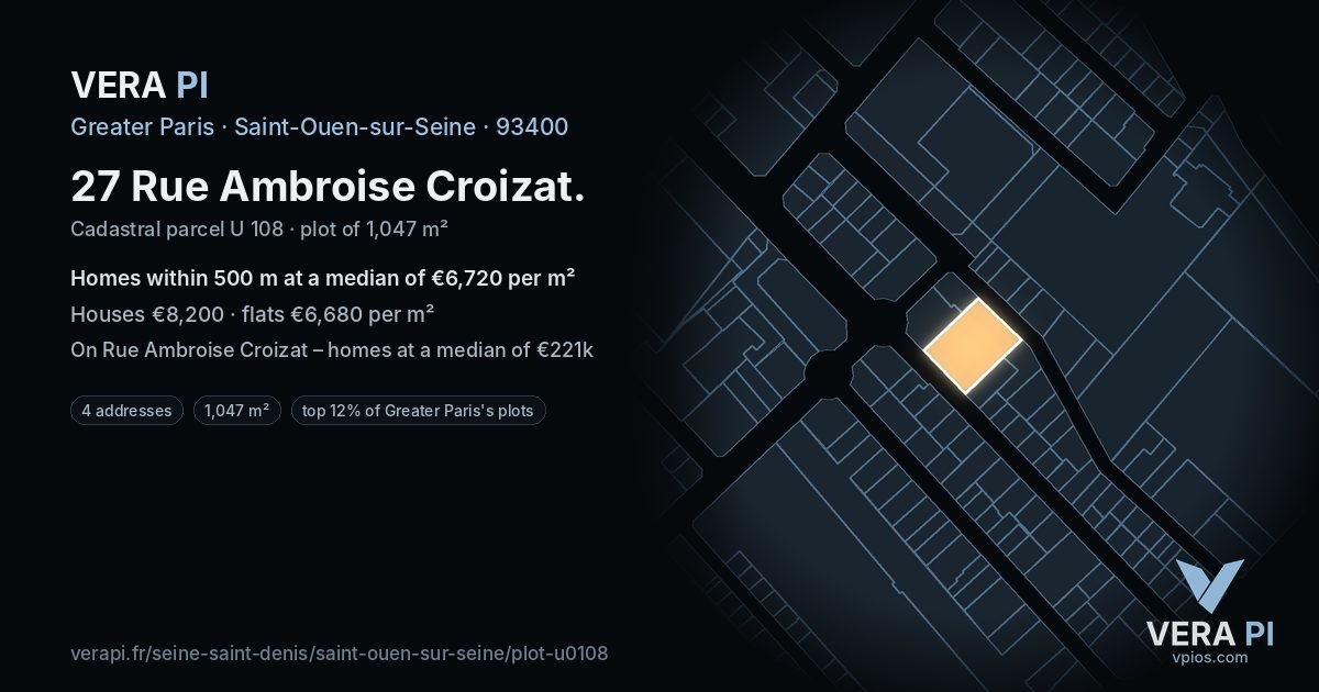 27 Rue Ambroise Croizat, Saint-Ouen-sur-Seine at night – the plot lit, the parcels around coloured by the prices near them
