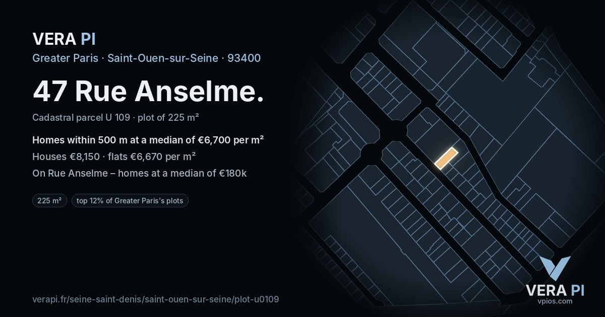 47 Rue Anselme, Saint-Ouen-sur-Seine at night – the plot lit, the parcels around coloured by the prices near them