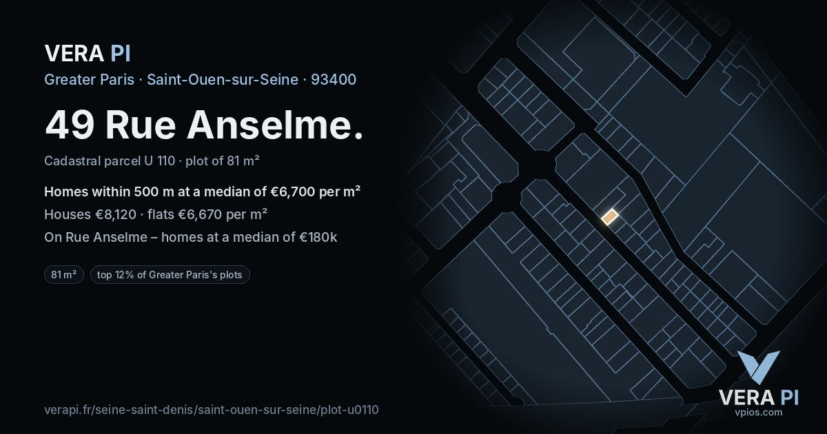 49 Rue Anselme, Saint-Ouen-sur-Seine at night – the plot lit, the parcels around coloured by the prices near them