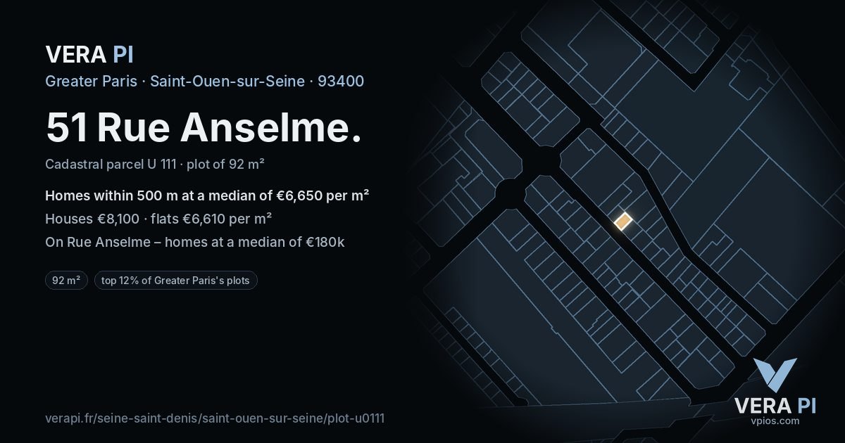 51 Rue Anselme, Saint-Ouen-sur-Seine at night – the plot lit, the parcels around coloured by the prices near them
