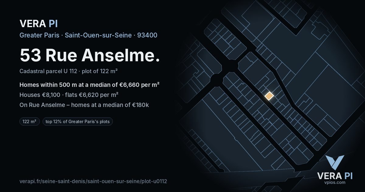 53 Rue Anselme, Saint-Ouen-sur-Seine at night – the plot lit, the parcels around coloured by the prices near them