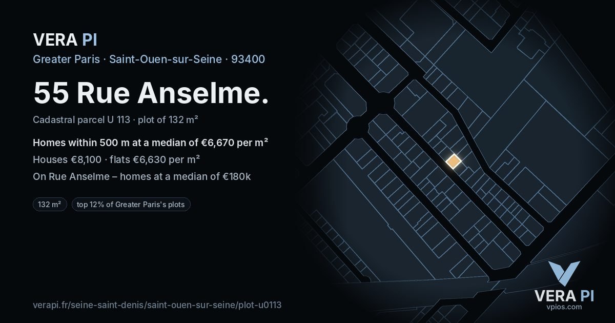 55 Rue Anselme, Saint-Ouen-sur-Seine at night – the plot lit, the parcels around coloured by the prices near them