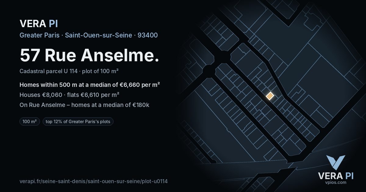 57 Rue Anselme, Saint-Ouen-sur-Seine at night – the plot lit, the parcels around coloured by the prices near them
